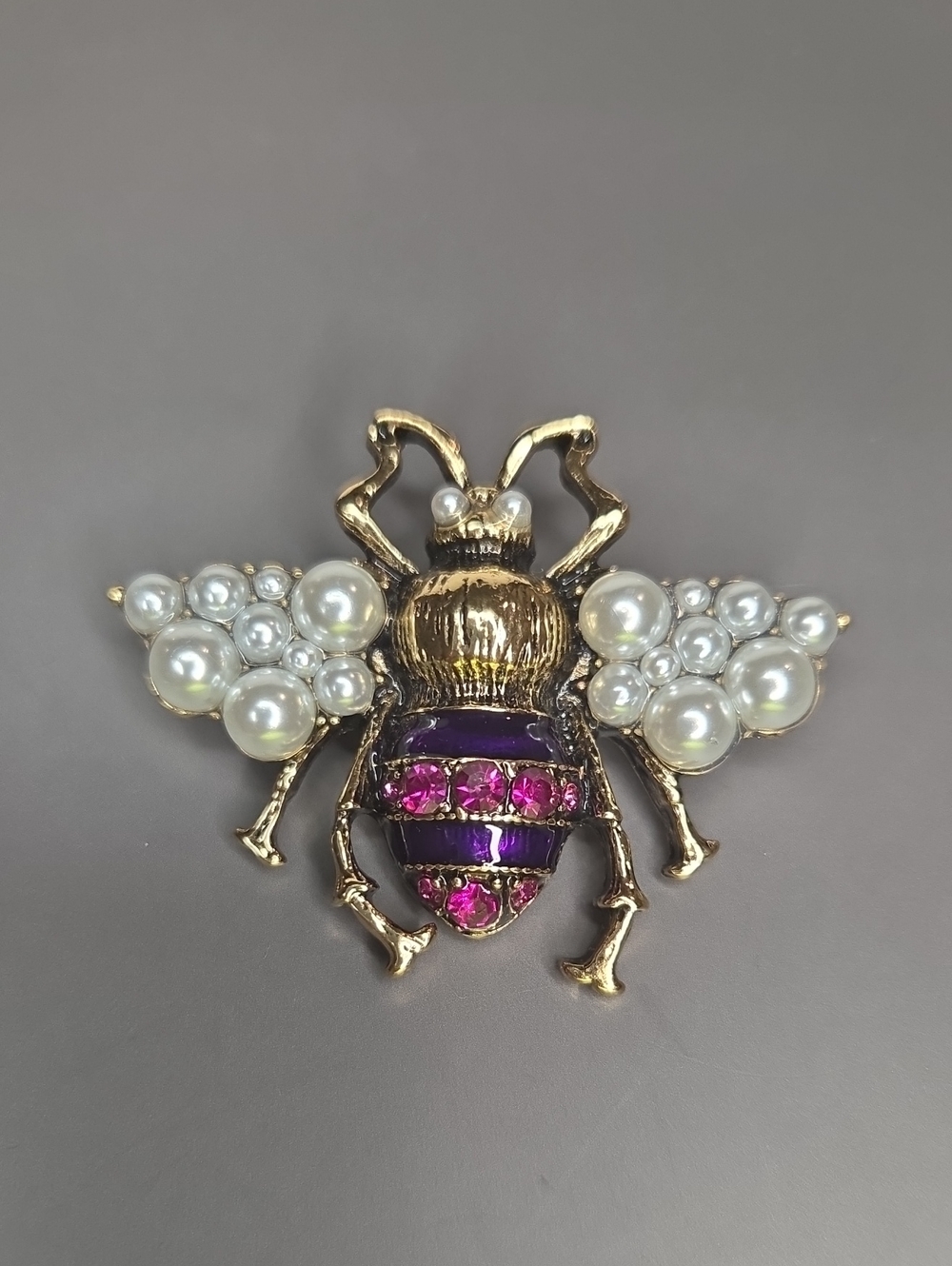 Gold Bee Brooch with Faux Pearl Wings and Purple-Pink Enamel